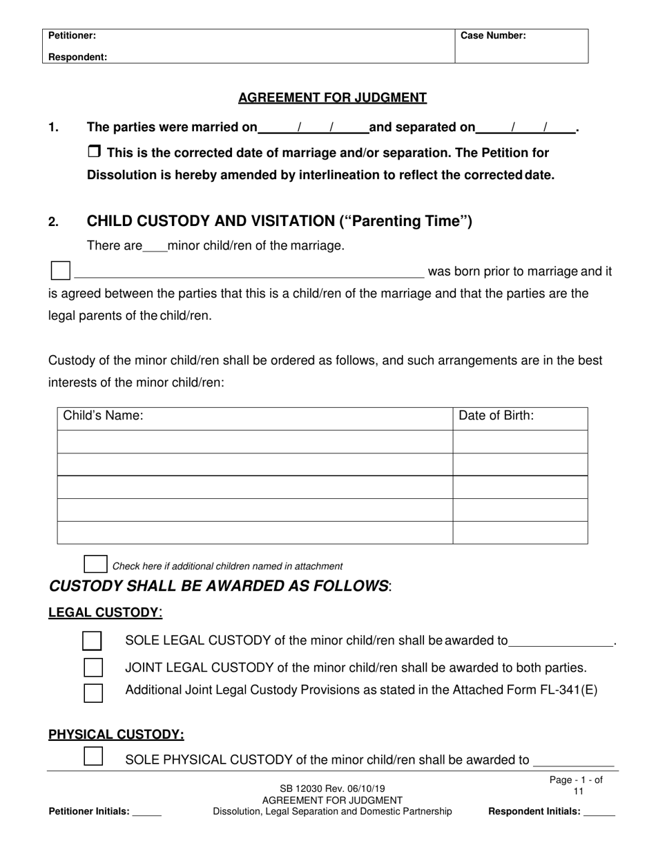 Form SB-12030 Agreement for Judgment (With Children) - County of San Bernardino, California, Page 1
