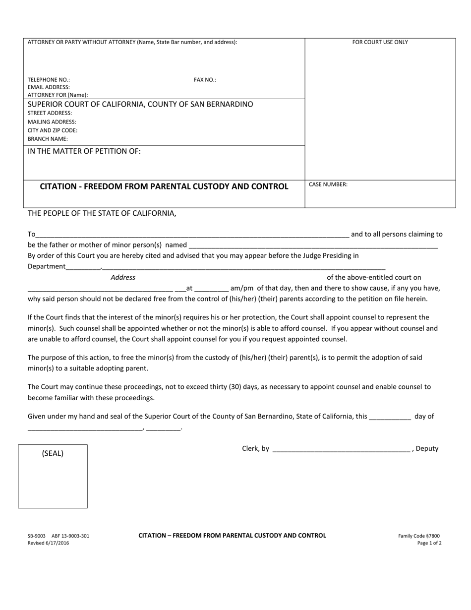 Form SB-9003 Citation - Freedom From Parental Custody and Control - County of San Bernardino, California, Page 1