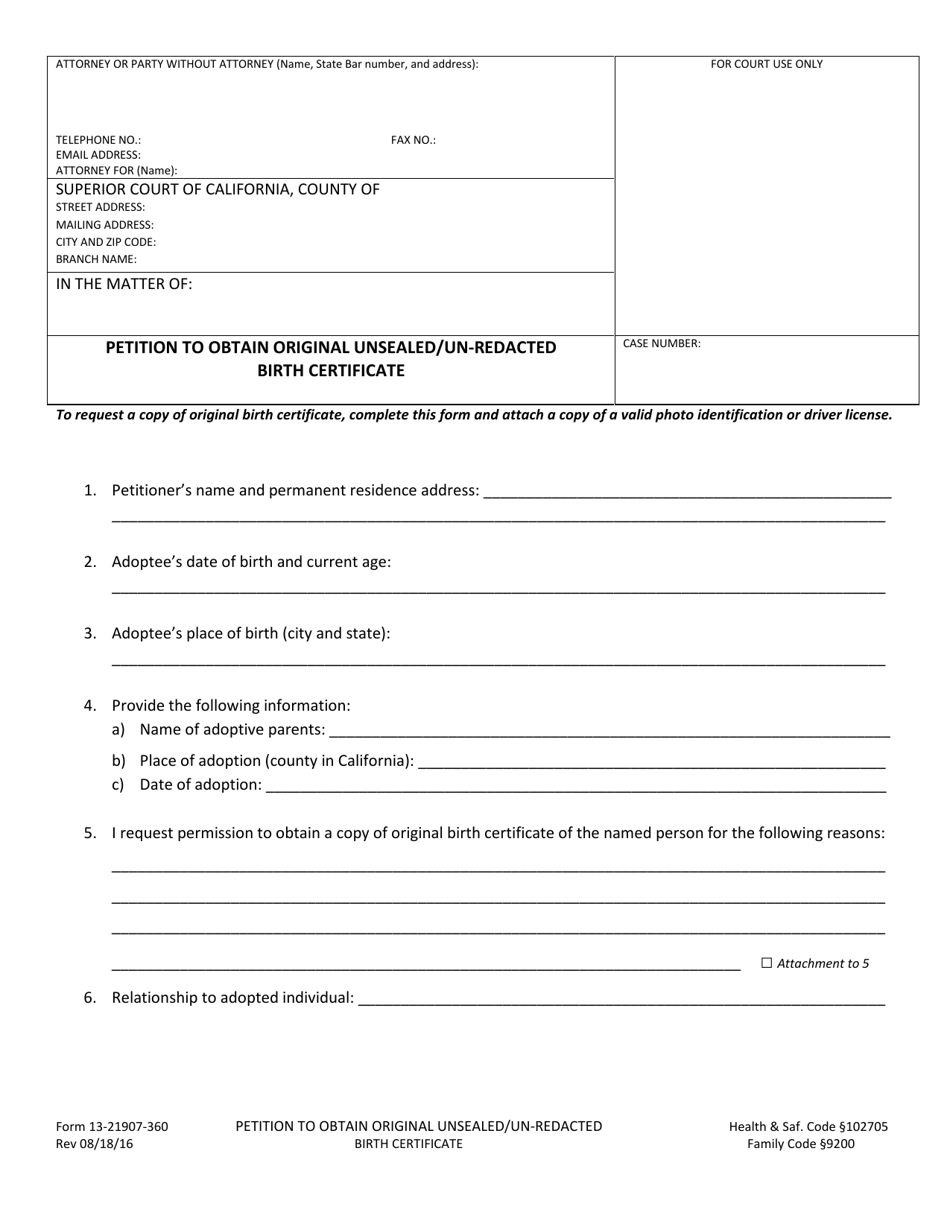 Form 13-21907-360 Petition to Obtain Original Unsealed / Un-redacted Birth Certificate - County of San Bernardino, California, Page 1