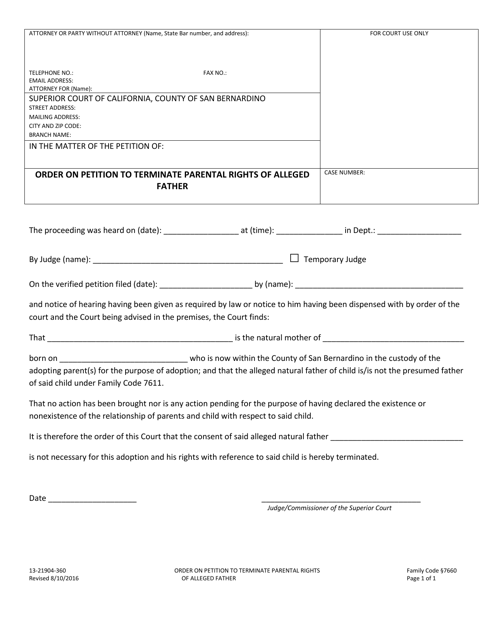 Form 13-21904-360 Order on Petition to Terminate Parental Rights of Alleged Father - County of San Bernardino, California