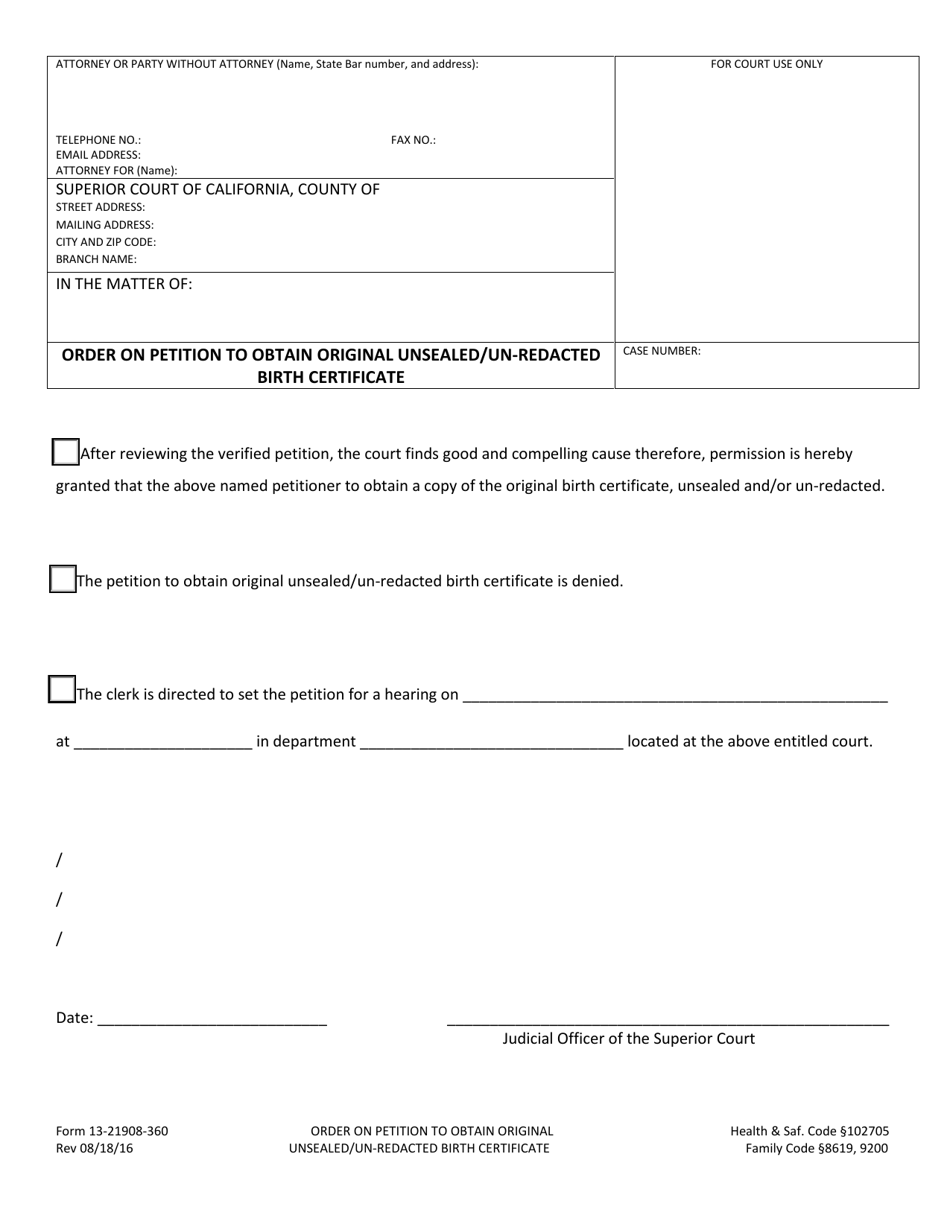 Form 13-21908-360 Order on Petition to Obtain Original Unsealed / Un-redacted Birth Certificate - County of San Bernardino, California, Page 1