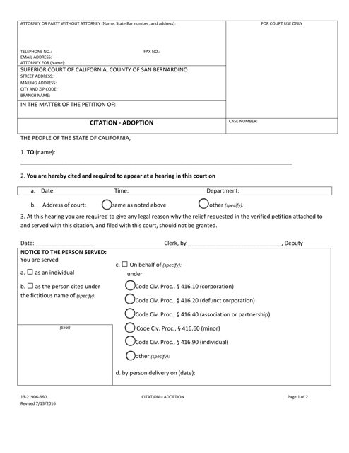 Form 13-21906-360 Citation - Adoption - County of San Bernardino, California
