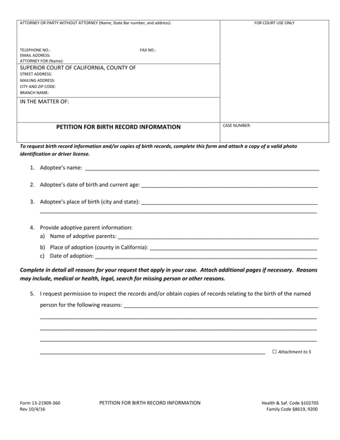 Form 13-21909-360 Petition for Birth Record Information - County of San Bernardino, California