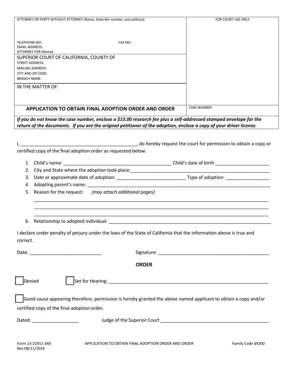 Form 13-21911-360 Application to Obtain Final Adoption Order and Order - County of San Bernardino, California, Page 1