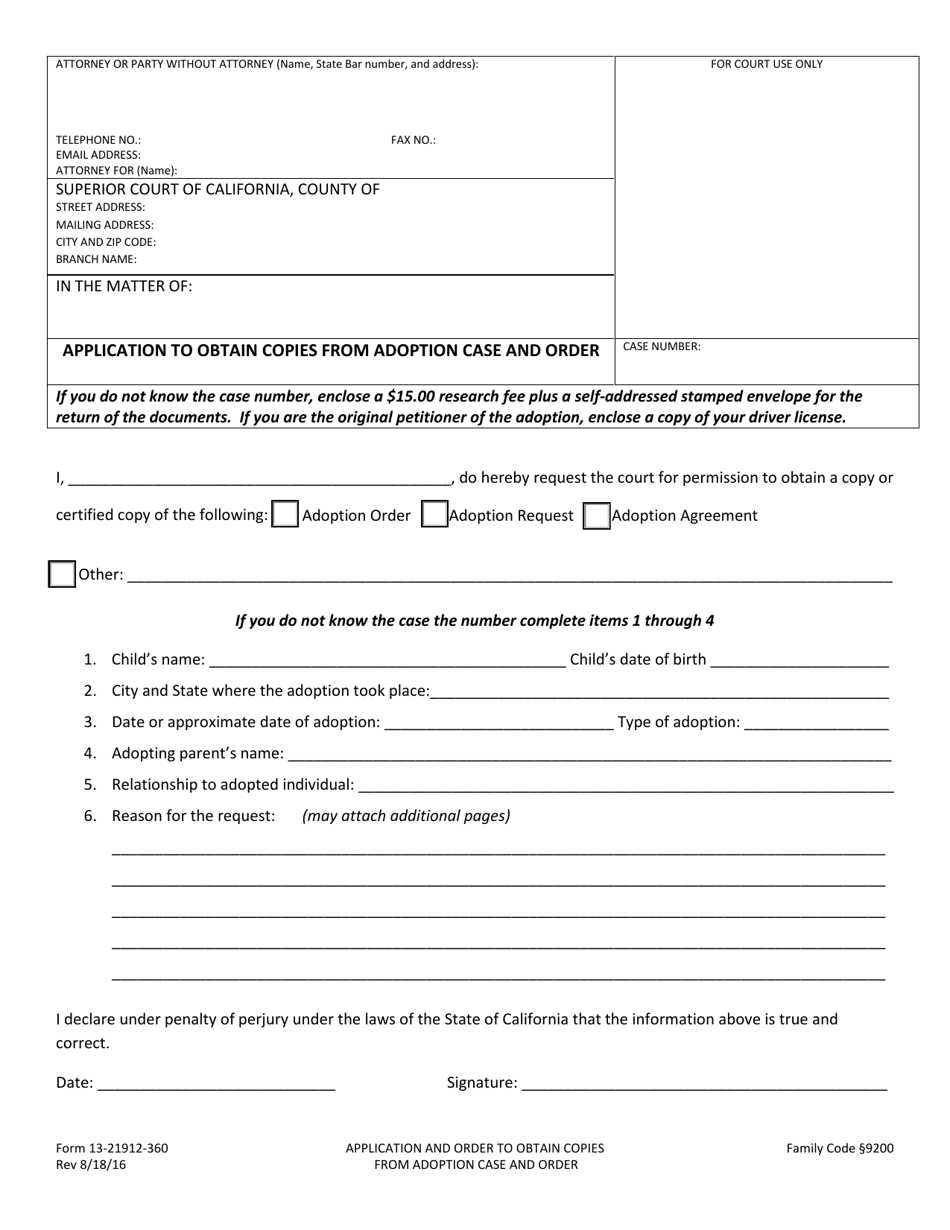 Form 13-21912-360 Application to Obtain Copies From Adoption Case and Order - County of San Bernardino, California, Page 1