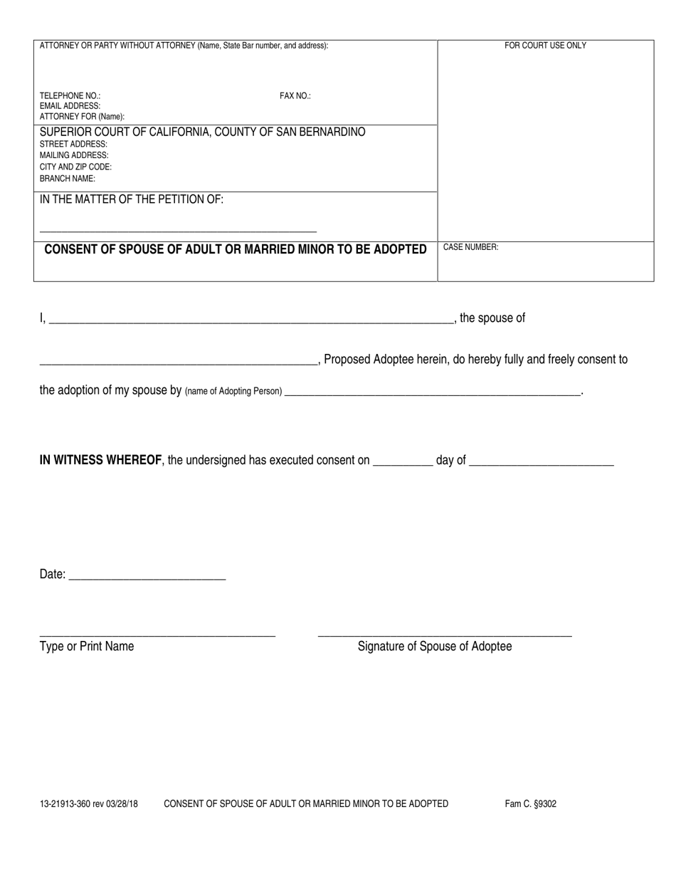 Form 13-21913-360 Consent of Spouse of Adult or Married Minor to Be Adopted - County of San Bernardino, California, Page 1
