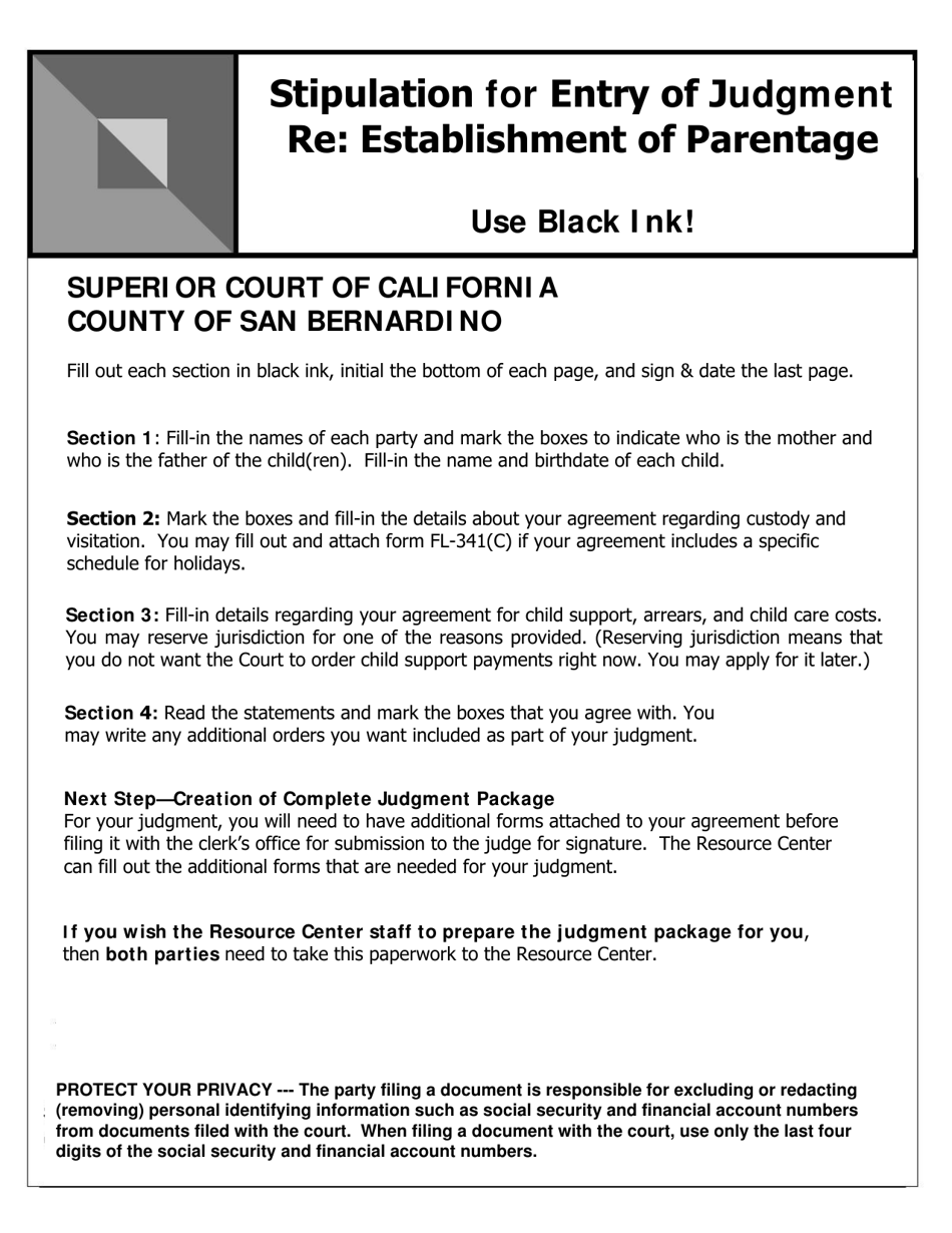 Form 13-19117-360 Stipulation for Entry of Judgment Re: Establishment of Parentage - County of San Bernardino, California, Page 1