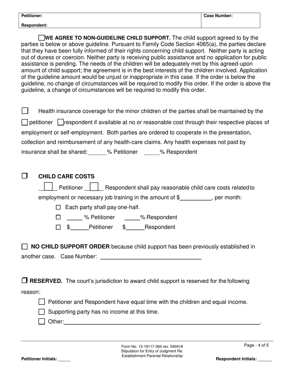 Form 13-19117-360 Stipulation for Entry of Judgment Re: Establishment of Parentage - County of San Bernardino, California, Page 5