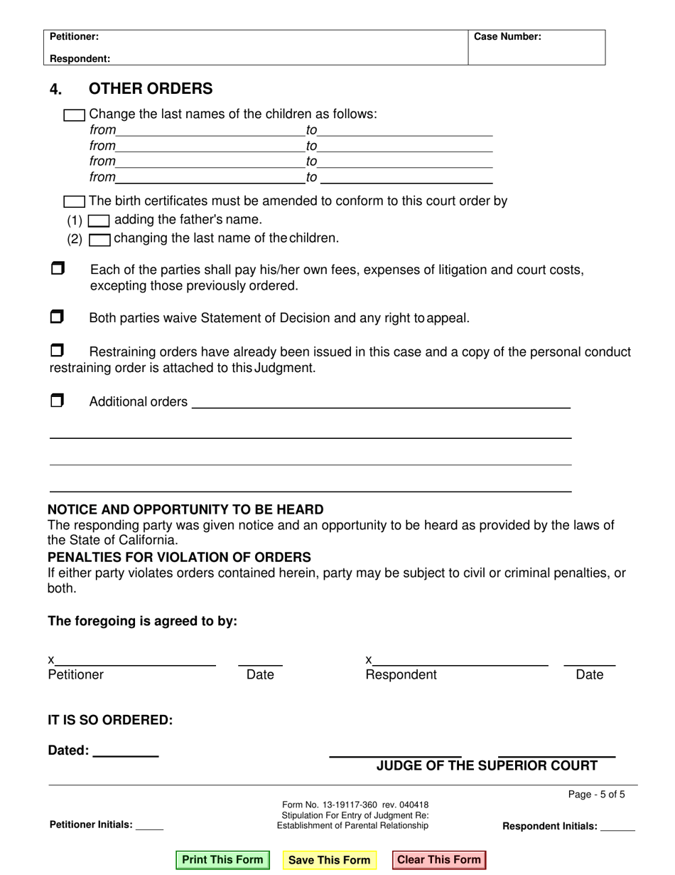 Form 13-19117-360 Stipulation for Entry of Judgment Re: Establishment of Parentage - County of San Bernardino, California, Page 6