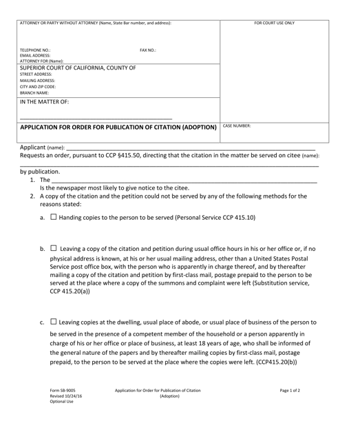 Form SB-9005 Application for Order for Publication of Citation (Adoption) - County of San Bernardino, California