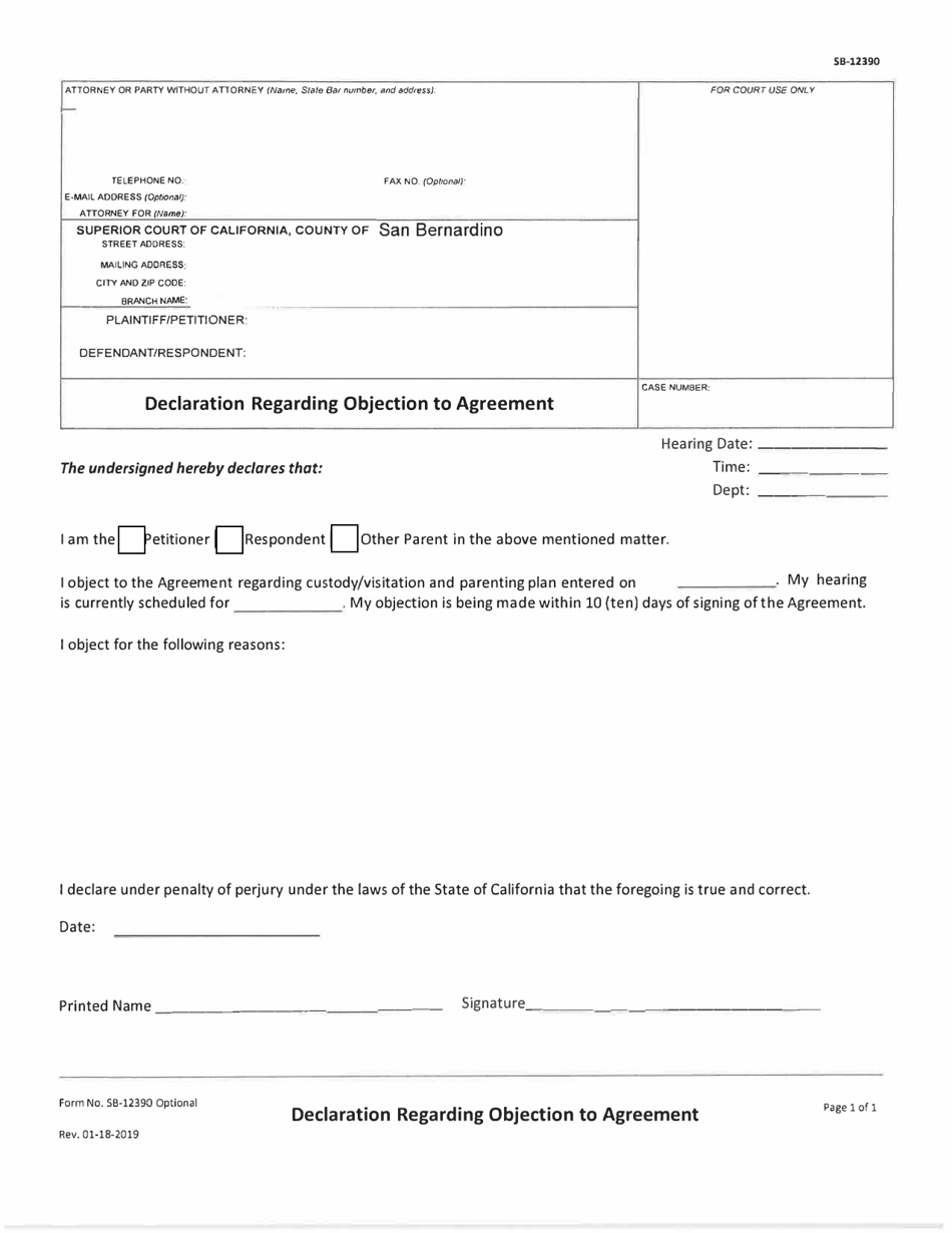 Form SB-12390 Declaration Regarding Objection to Agreement - County of San Bernardino, California, Page 1