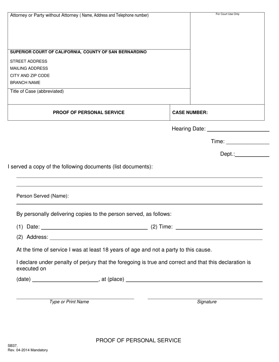 Form SB-37 Proof of Personal Service - County of San Bernardino, California, Page 1