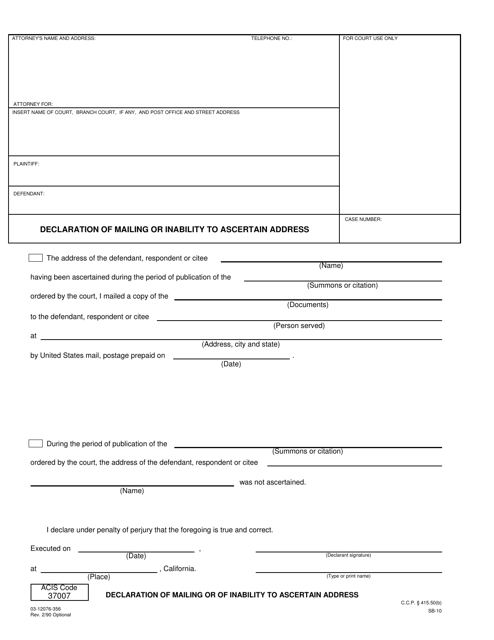Form SB-10 (03-12076-356) Declaration of Mailing or Inability to Ascertain Address - County of San Bernardino, California