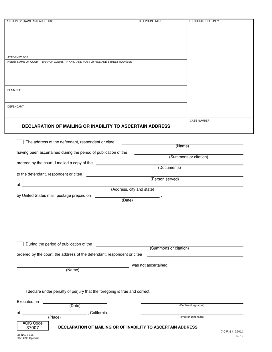 Form SB-10 (03-12076-356) Download Fillable PDF or Fill Online ...