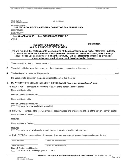 Form 13-10840-360 Request to Excuse Notice With Due Diligence Declaration - County of San Bernardino, California