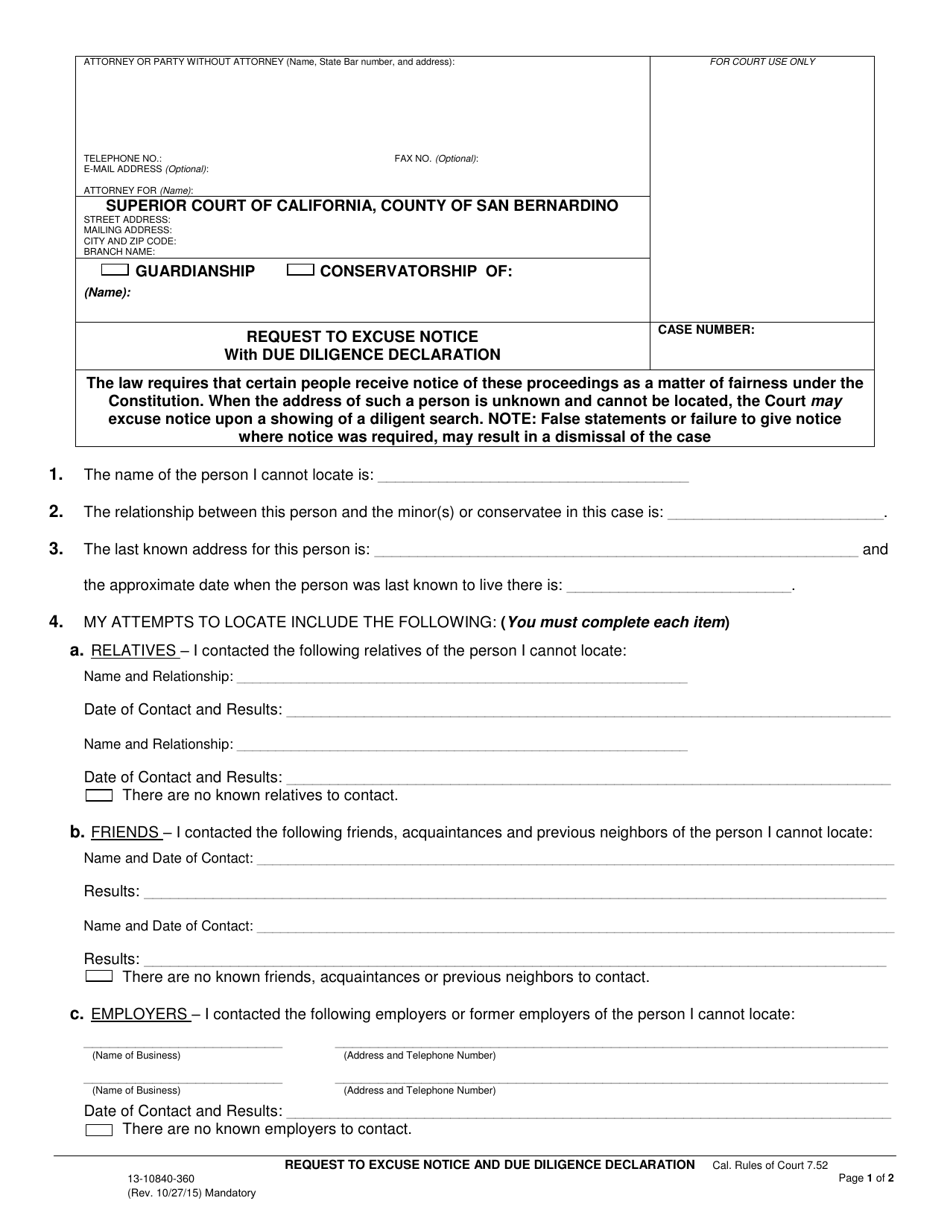 Form 13-10840-360 Request to Excuse Notice With Due Diligence Declaration - County of San Bernardino, California, Page 1