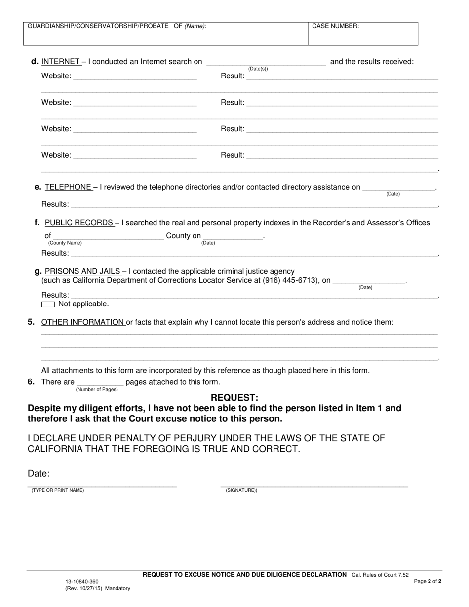 Form 13-10840-360 Request to Excuse Notice With Due Diligence Declaration - County of San Bernardino, California, Page 2