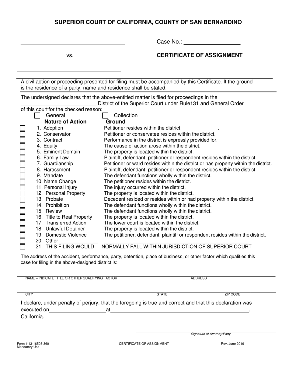 Form 13-16503-360 Certificate of Assignment - County of San Bernardino, California, Page 1