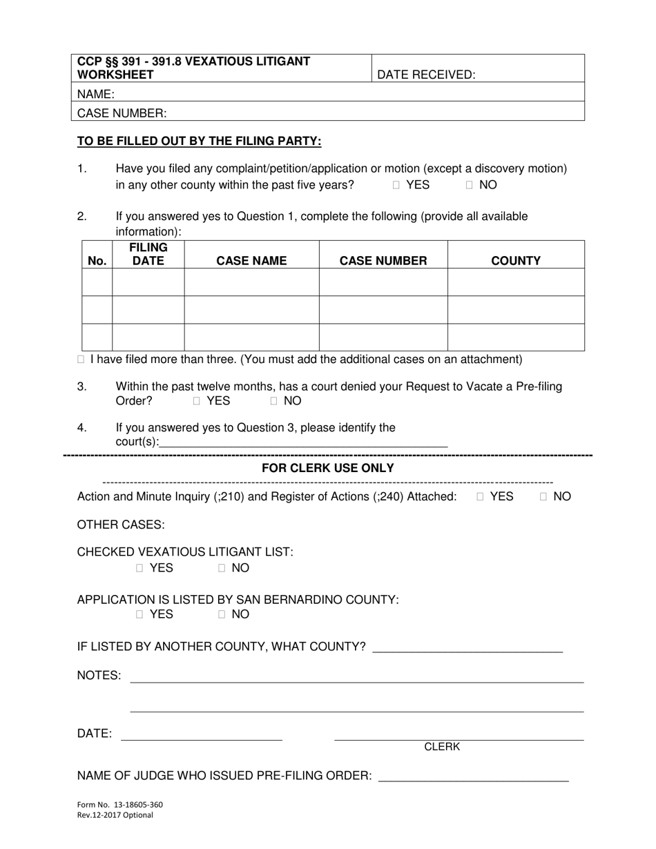 Form 13-18605-360 Vexatious Litigant Worksheet - County of San Bernardino, California, Page 1