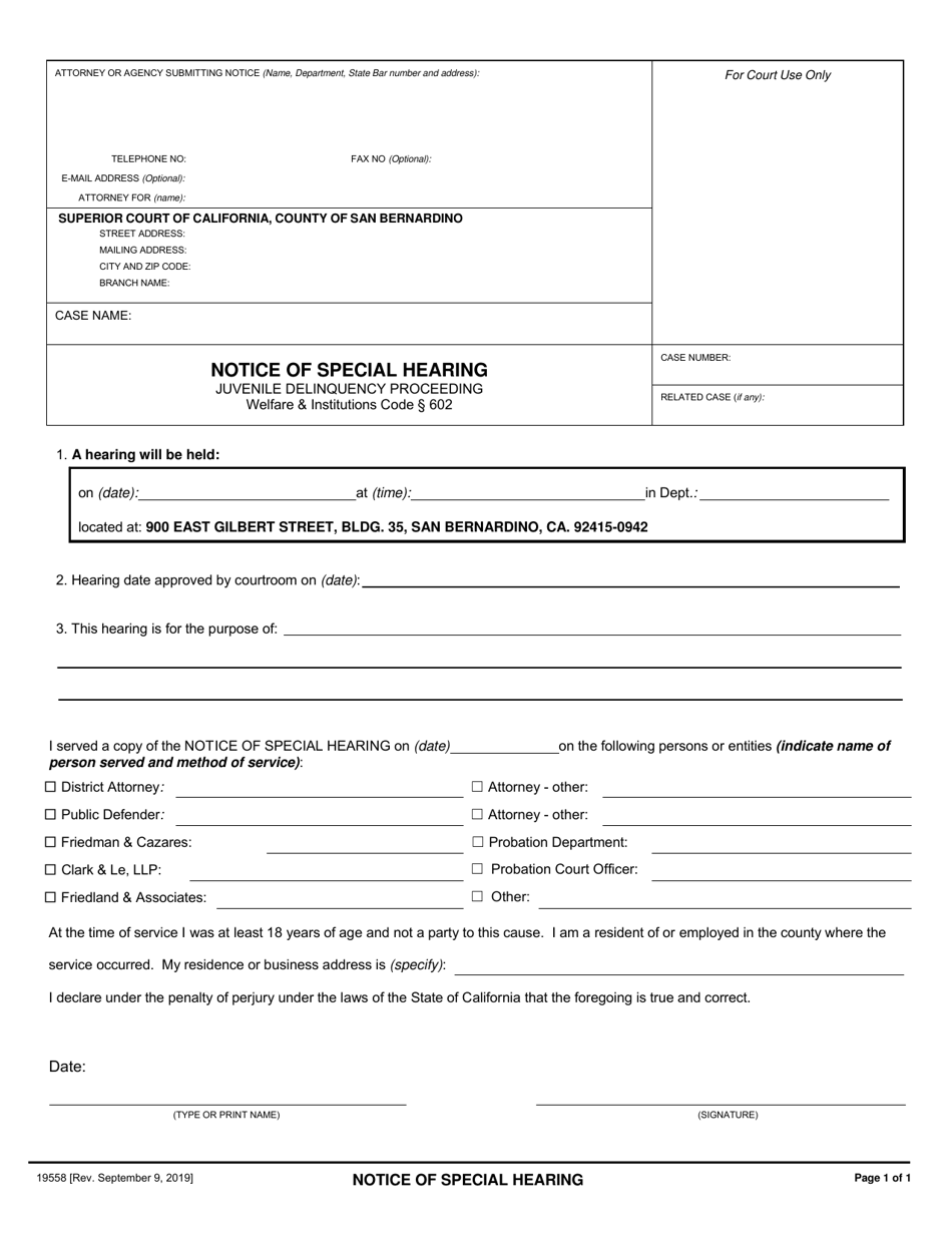 Form 19558 Notice of Special Hearing - County of San Bernardino, California, Page 1