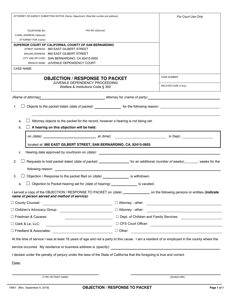 Form 19561 Objection / Response to Packet - County of San Bernardino, California, Page 1