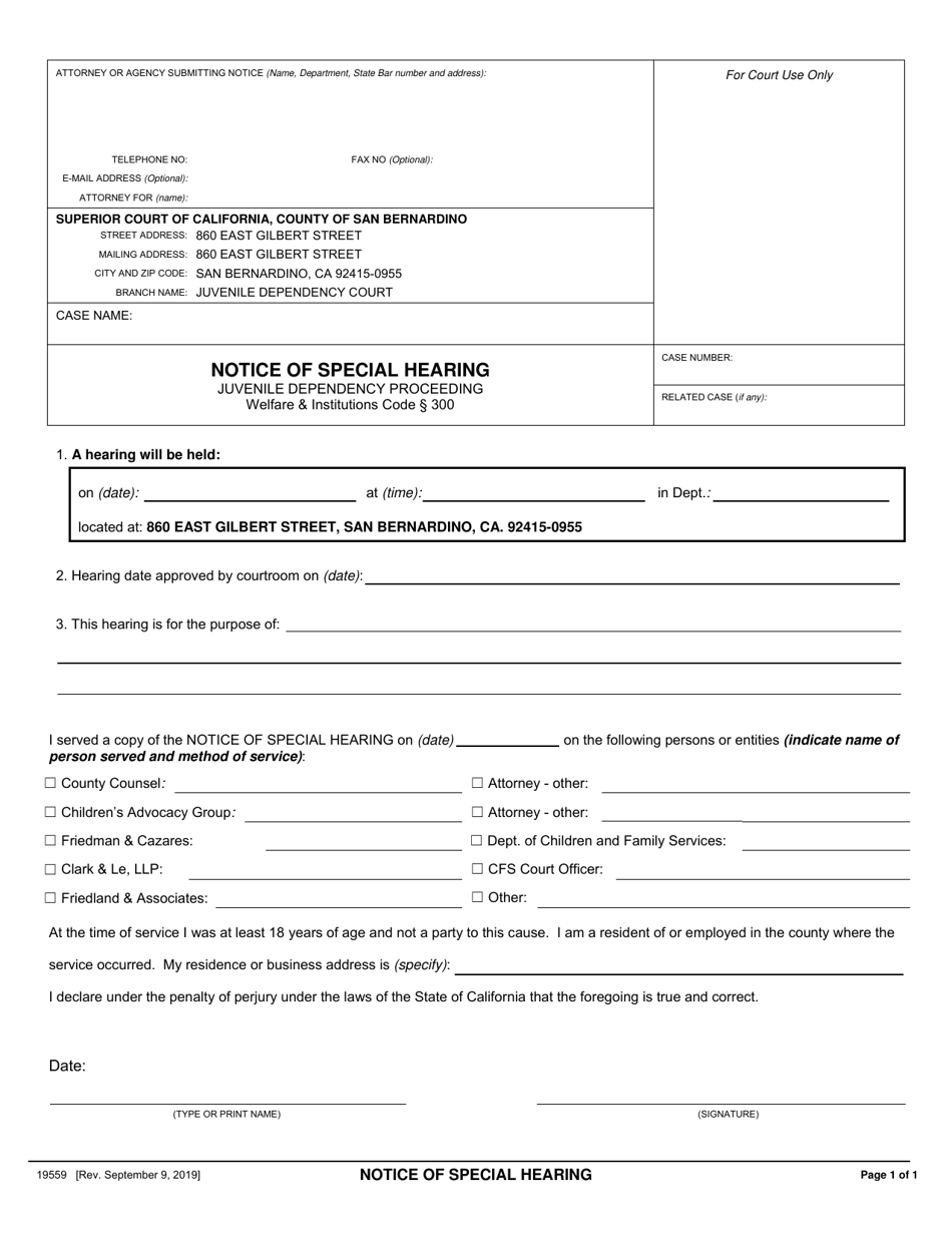 Form 19559 Notice of Special Hearing - County of San Bernardino, California, Page 1