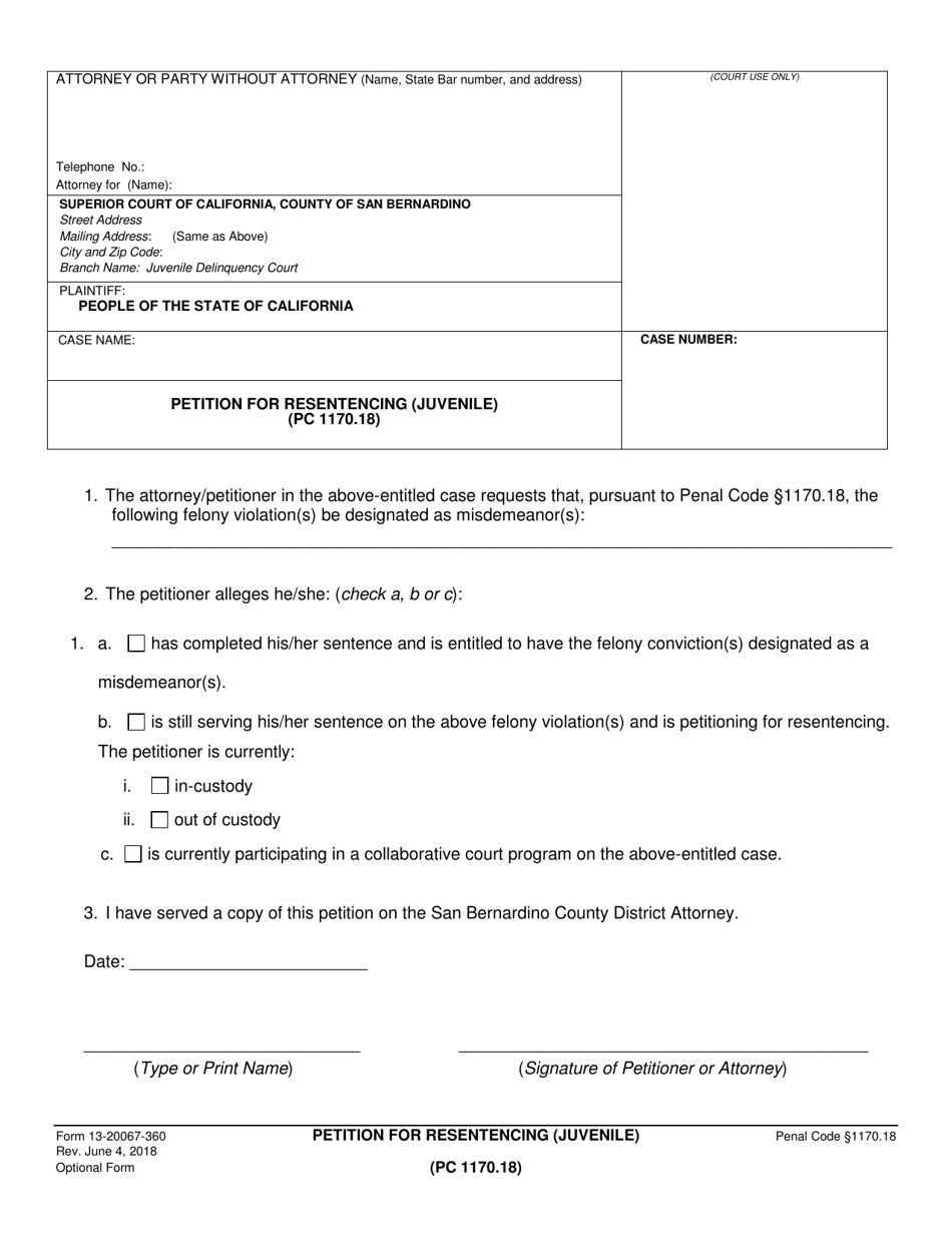 Form 13-20067-360 Petition for Resentencing (Juvenile) - County of San Bernardino, California, Page 1