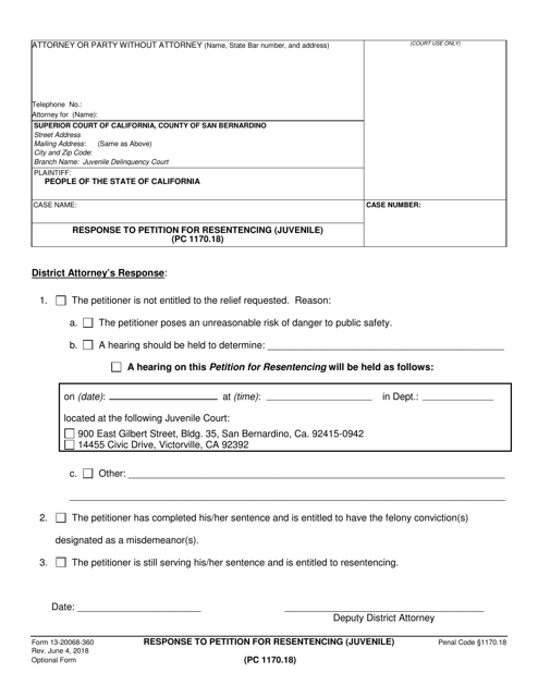 Form 13-20068-360 Response to Petition for Resentencing (Juvenile) - County of San Bernardino, California