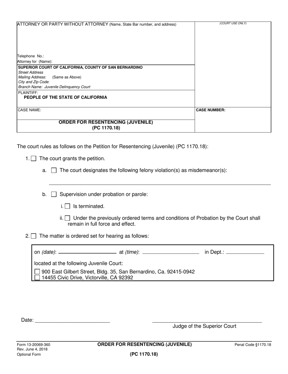 Form 13-20069-360 Order for Resentencing (Juvenile) - County of San Bernardino, California, Page 1