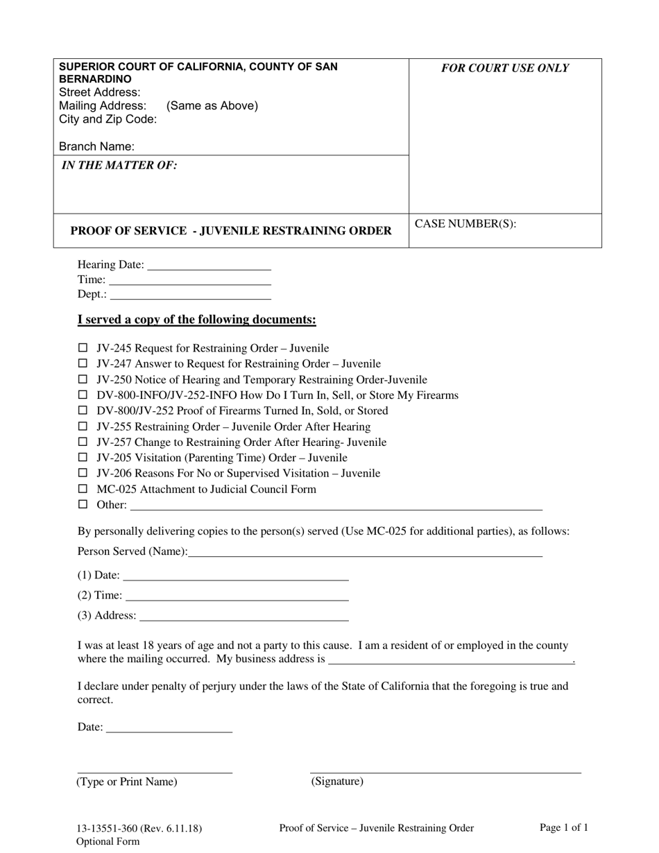 Form 13-13551-360 Proof of Service - Juvenile Restraining Order - County of San Bernardino, California, Page 1