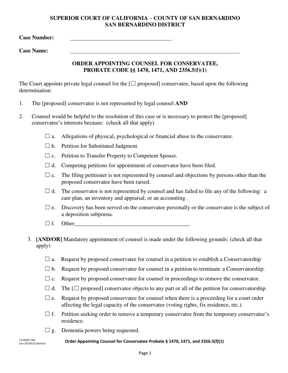 Form 13-00397-360 Order Appointing Counsel for Conservatee, Probate Code 1470, 1471, and 2356.5(F)(1) - County of San Bernardino, California, Page 1