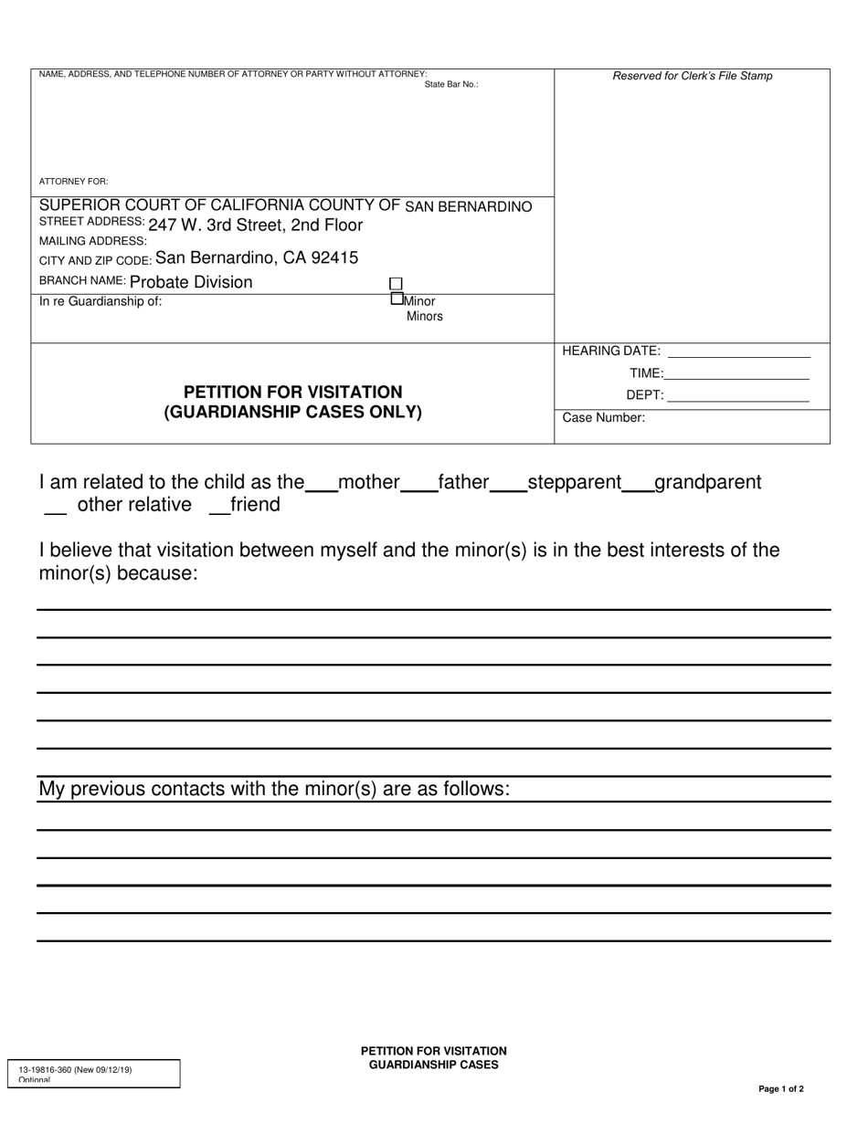 Form 13-19816-360 Petition for Visitation (Guardianship Cases Only) - County of San Bernardino, California, Page 1