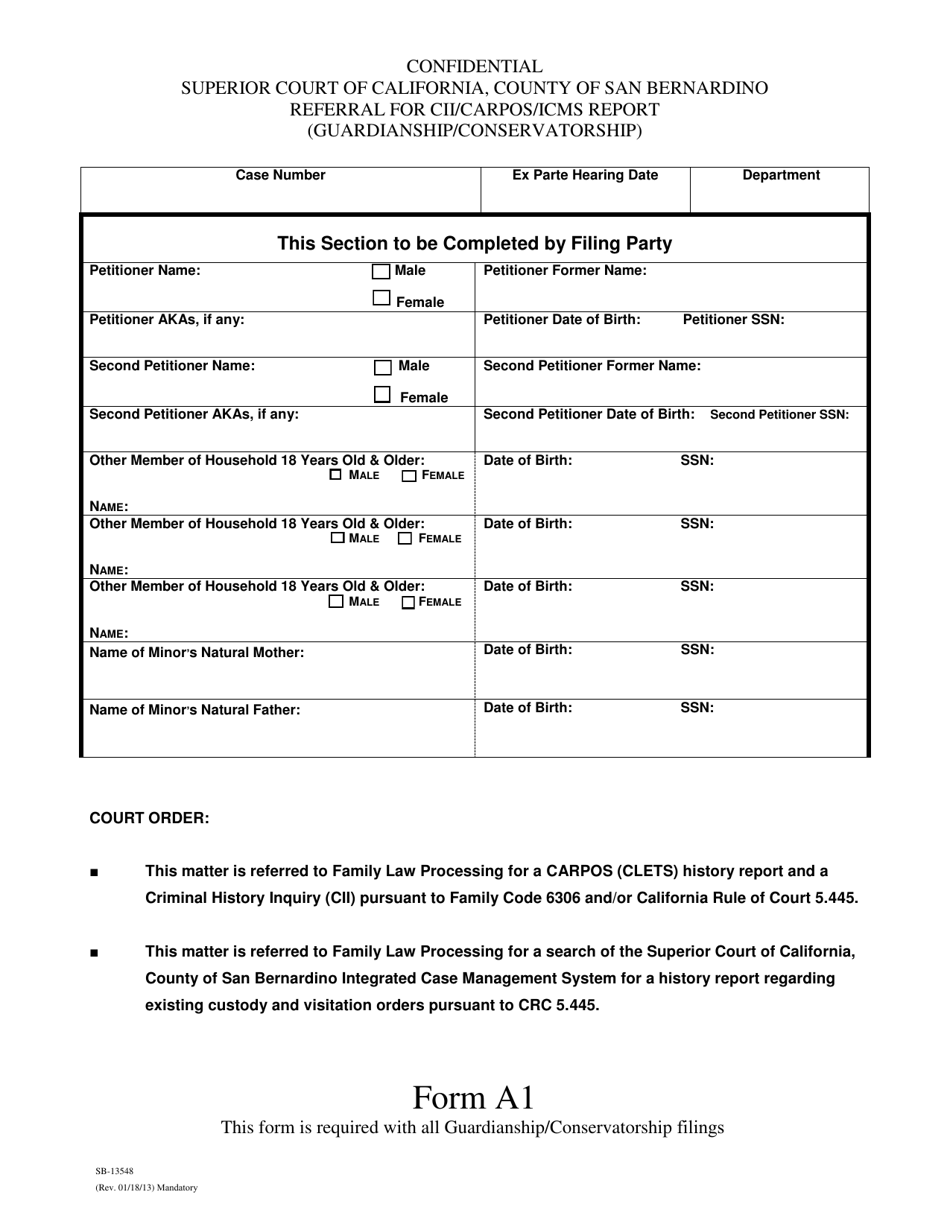 Form A1 (SB-13548) Referral for Cii / Carpos / Icms Report (Guardianship / Conservatorship) - California, Page 1