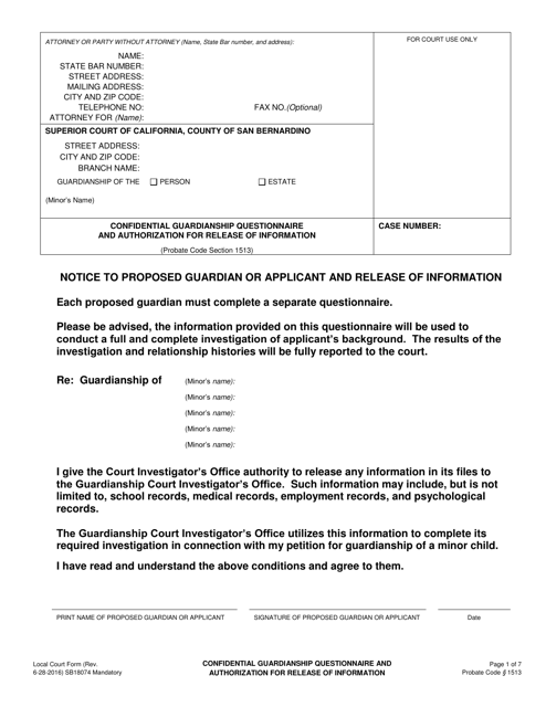 Form SB-18074 Confidential Guardianship Questionnaire and Authorization for Release of Information - County of San Bernardino, California