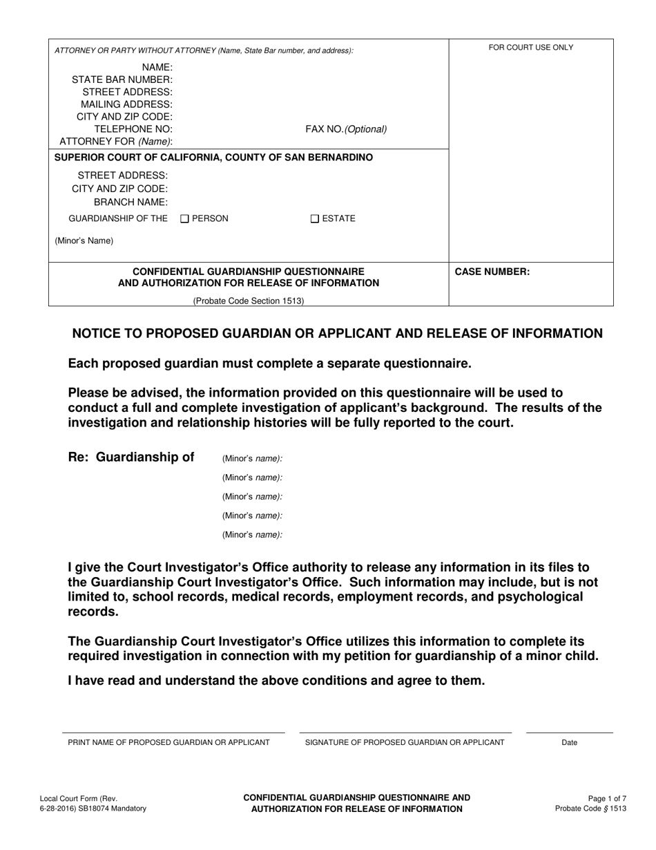 Form SB-18074 Confidential Guardianship Questionnaire and Authorization for Release of Information - County of San Bernardino, California, Page 1