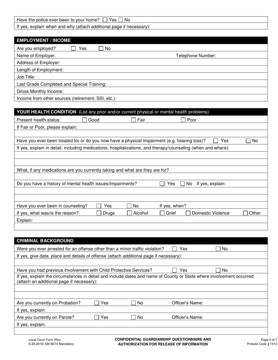 Form SB-18074 Confidential Guardianship Questionnaire and Authorization for Release of Information - County of San Bernardino, California, Page 3