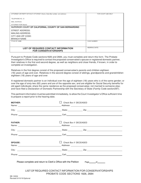 Form SB-12224 List of Required Contact Information for Conservatorships - County of San Bernardino, California