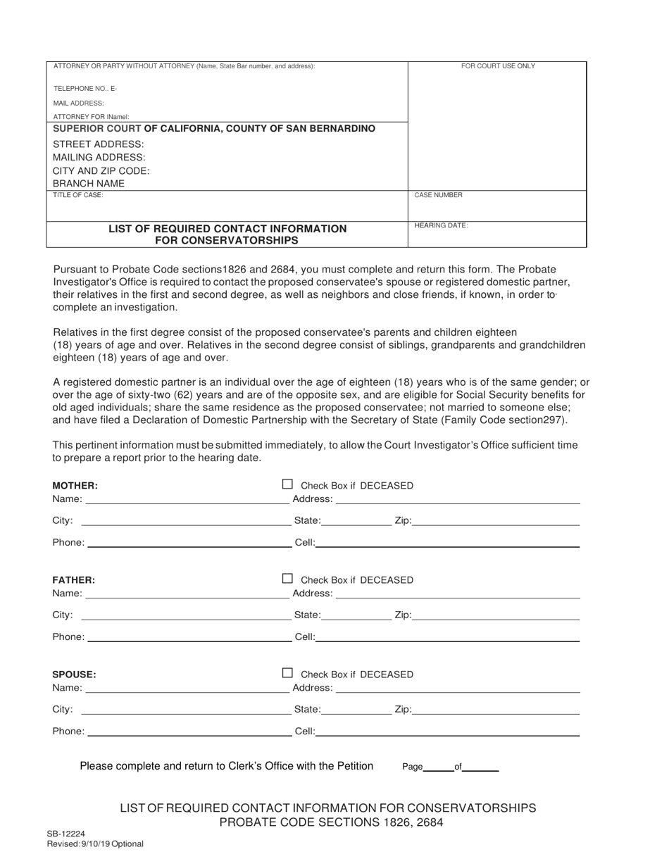 Form SB-12224 List of Required Contact Information for Conservatorships - County of San Bernardino, California, Page 1