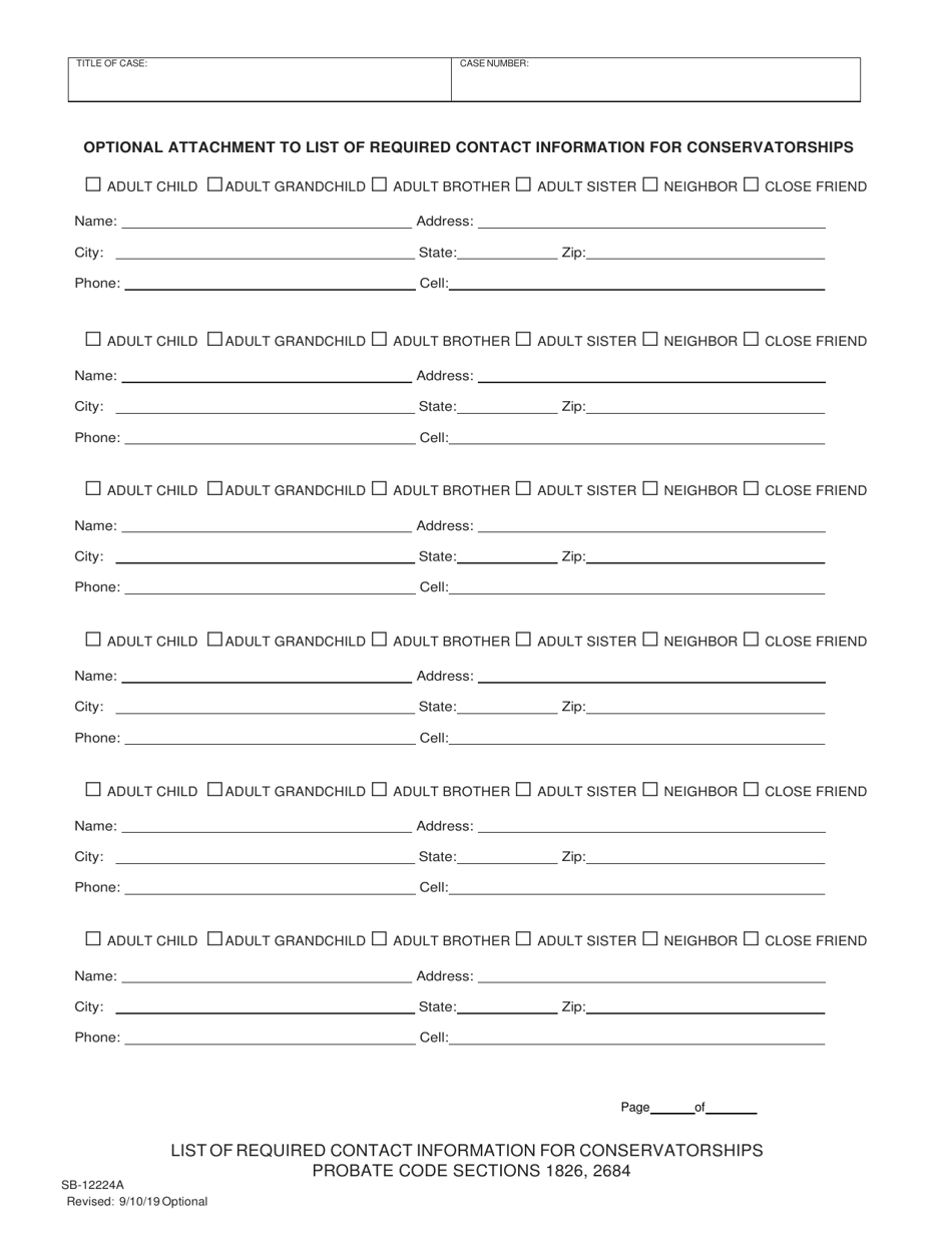 Form SB-12224A Optional Attachment to List of Required Contact Information for Conservatorships - County of San Bernardino, California, Page 1