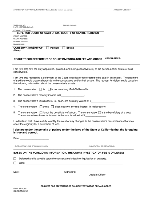 Form SB-1050 Request for Deferment of Court Investigator Fee and Order - County of San Bernardino, California