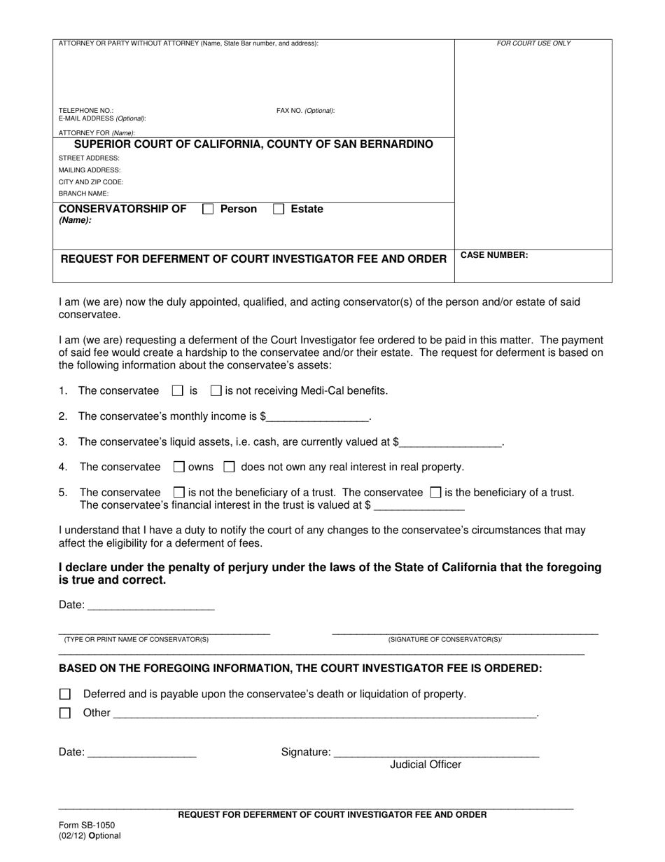 Form SB-1050 Request for Deferment of Court Investigator Fee and Order - County of San Bernardino, California, Page 1