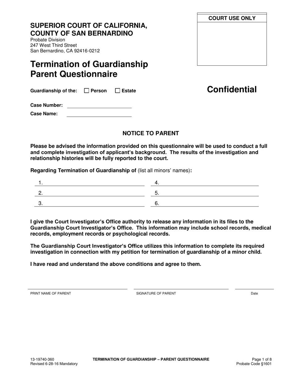 Form 13-19740-360 Termination of Guardianship Parent Questionnaire - County of San Bernardino, California, Page 1