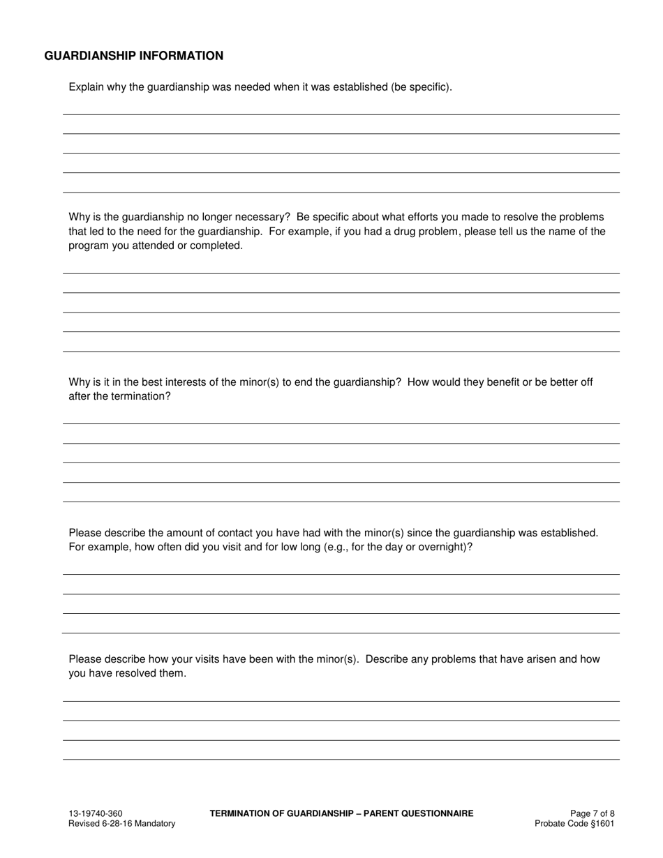 Form 13-19740-360 Termination of Guardianship Parent Questionnaire - County of San Bernardino, California, Page 7