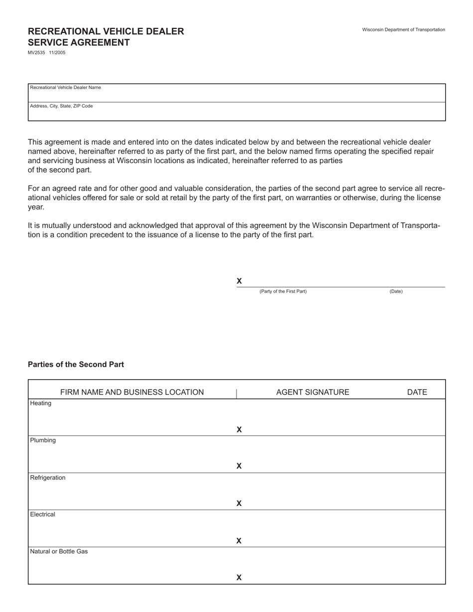 Form MV2535 Recreational Vehicle Dealer Service Agreement - Wisconsin, Page 1