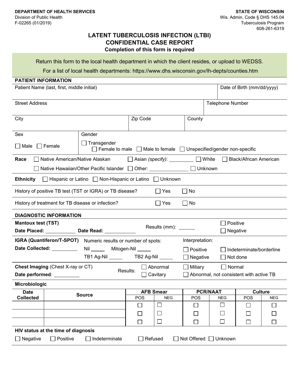 Form F-02265 Latent Tuberculosis Infection (Ltbi) Confidential Case Report - Wisconsin, Page 1