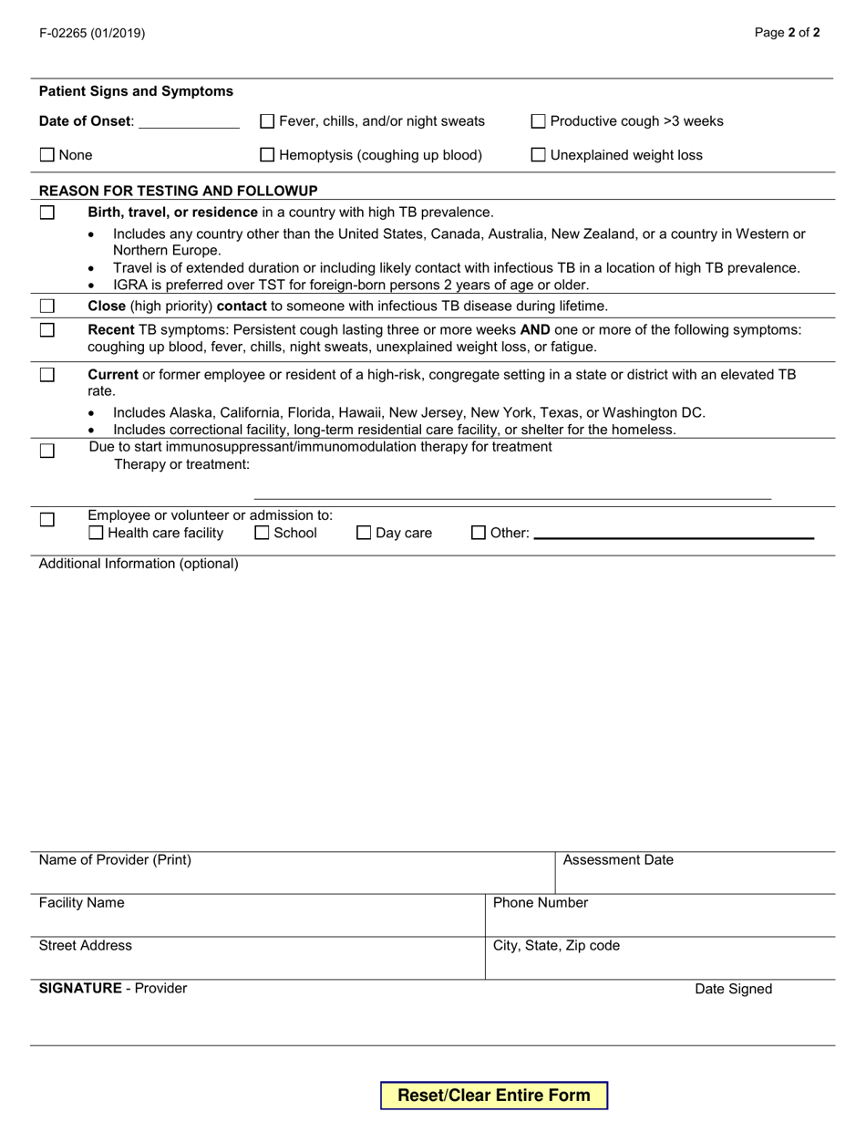 Form F-02265 Latent Tuberculosis Infection (Ltbi) Confidential Case Report - Wisconsin, Page 2