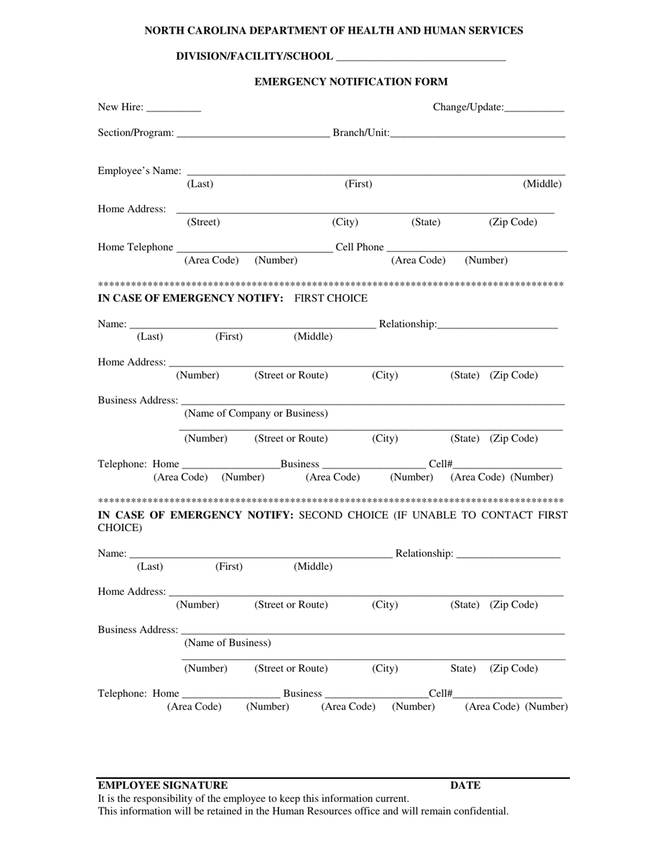 Emergency Notification Form - North Carolina, Page 1