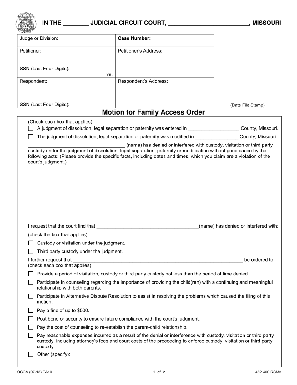 Form FA10 Motion for Family Access Order - Missouri, Page 1
