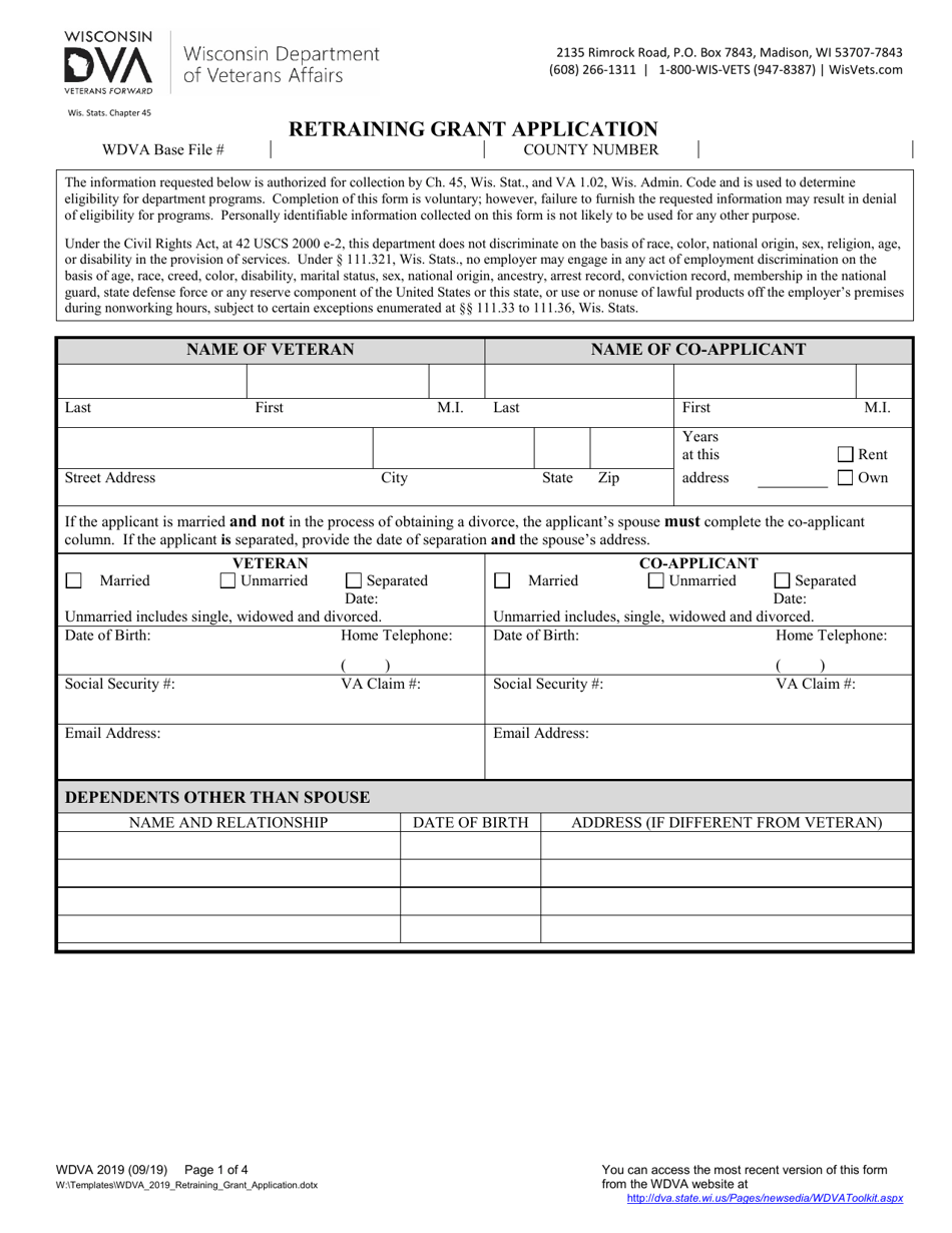 Form WDVA2019 Retraining Grant Application - Wisconsin, Page 1