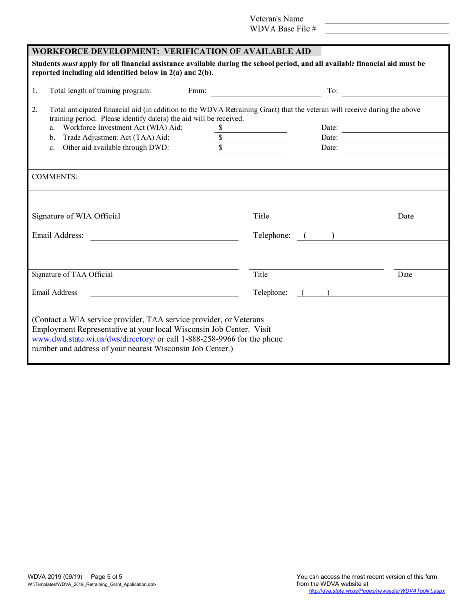 Form WDVA2019 Retraining Grant Application - Wisconsin, Page 5